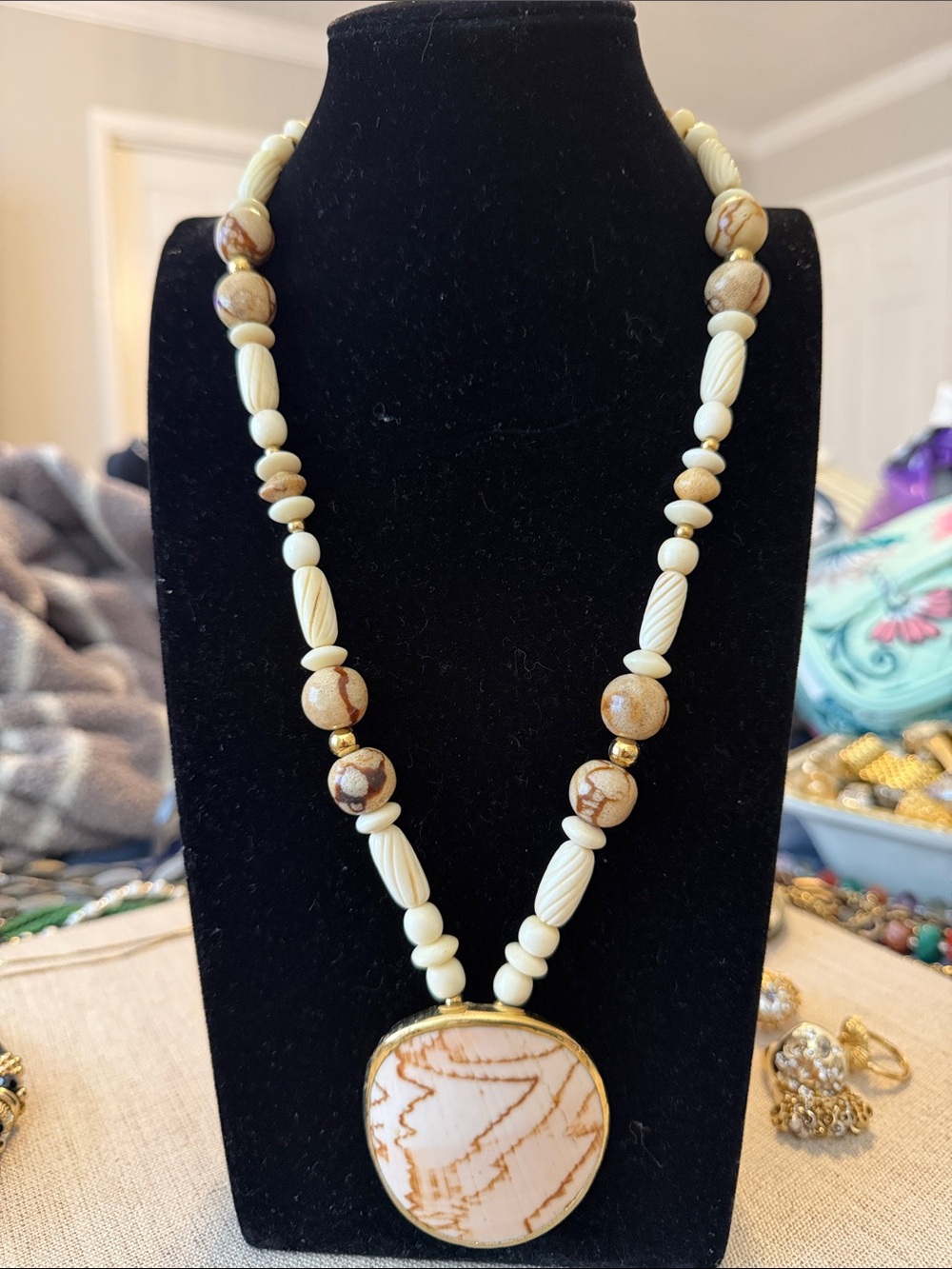 Cream and Brown Beaded Pendant Necklace with Stone Medallion